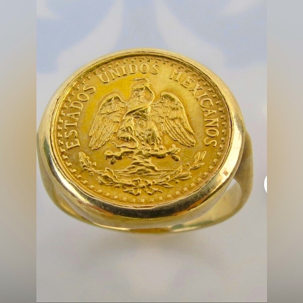 AMAZING VINTAGE ESTATE AUTHENTIC 22K DOS PESOS COIN RING IN 14K BEZEL- SIZE 4.5 - Picture 3 of 15